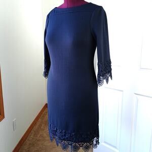 ECI New York Navy Lace Sheath Dress size 10 ponte shift boat neck warm minimal